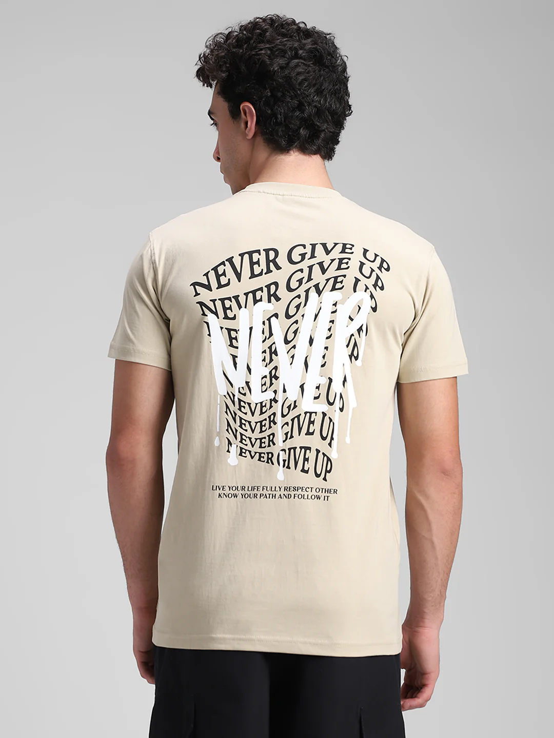 Beige Printed Backprint Crew T-Shirt - Image 3