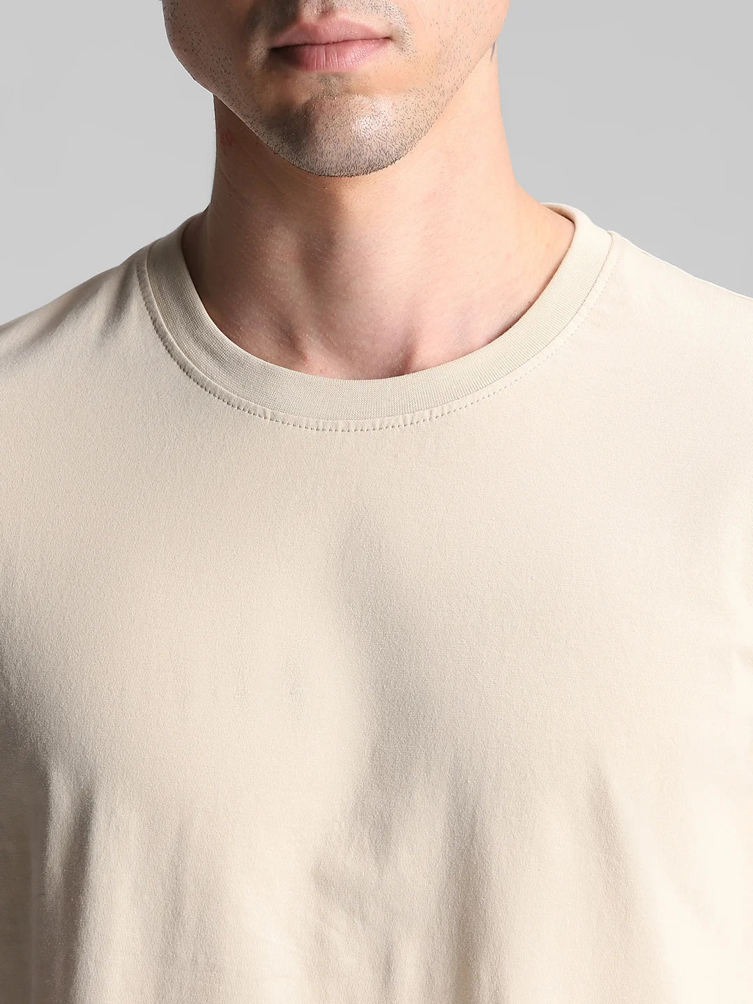 Beige Solid Crew Neck T-Shirt - Image 3