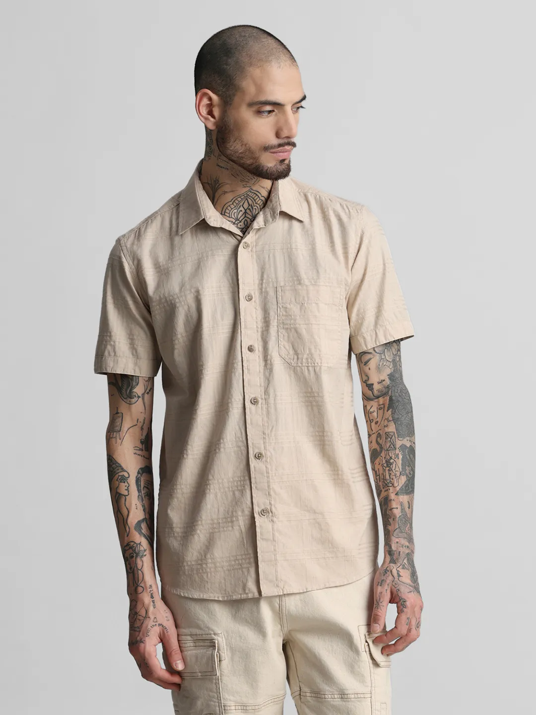 Beige Brown Self Checkered Shirt - Image 3
