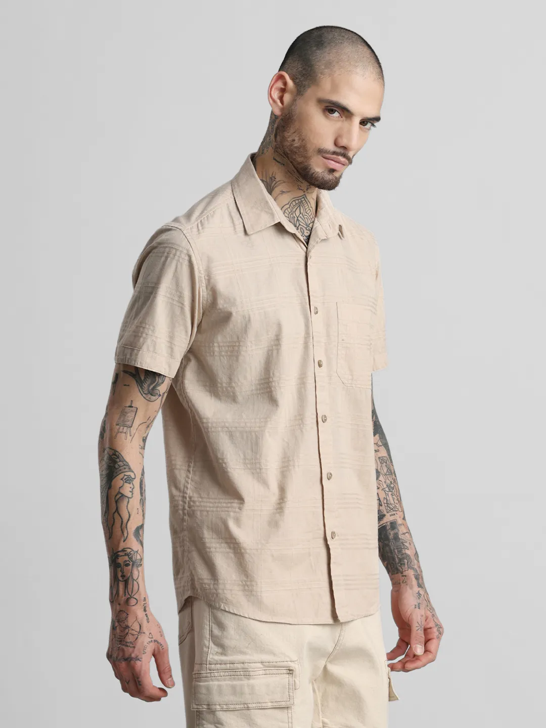 Beige Brown Self Checkered Shirt - Image 4