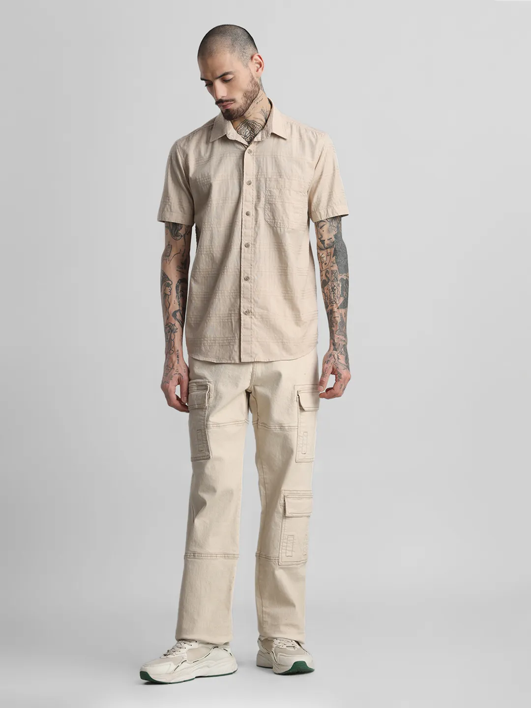 Beige Brown Self Checkered Shirt - Image 5
