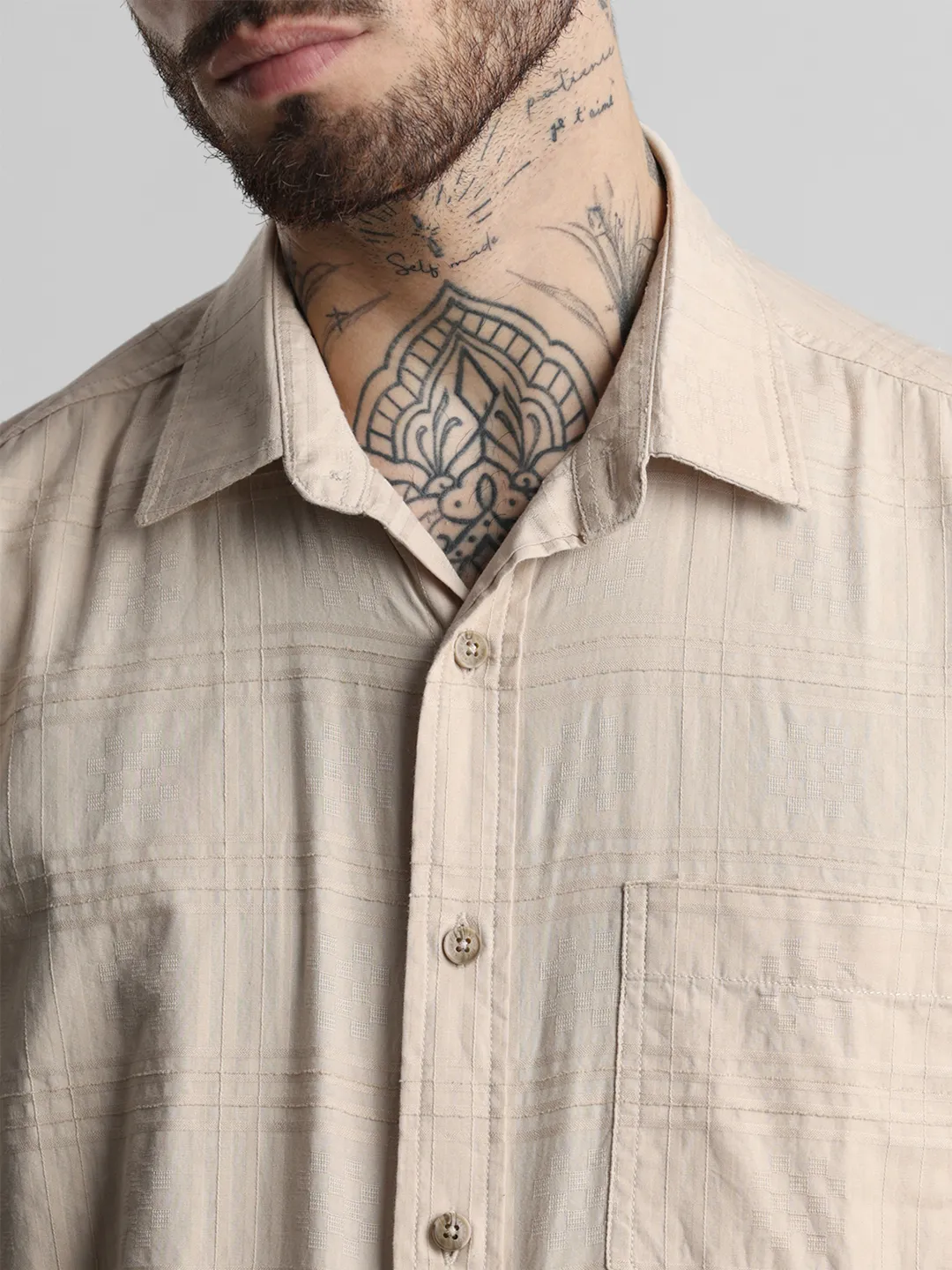 Beige Brown Self Checkered Shirt - Image 7