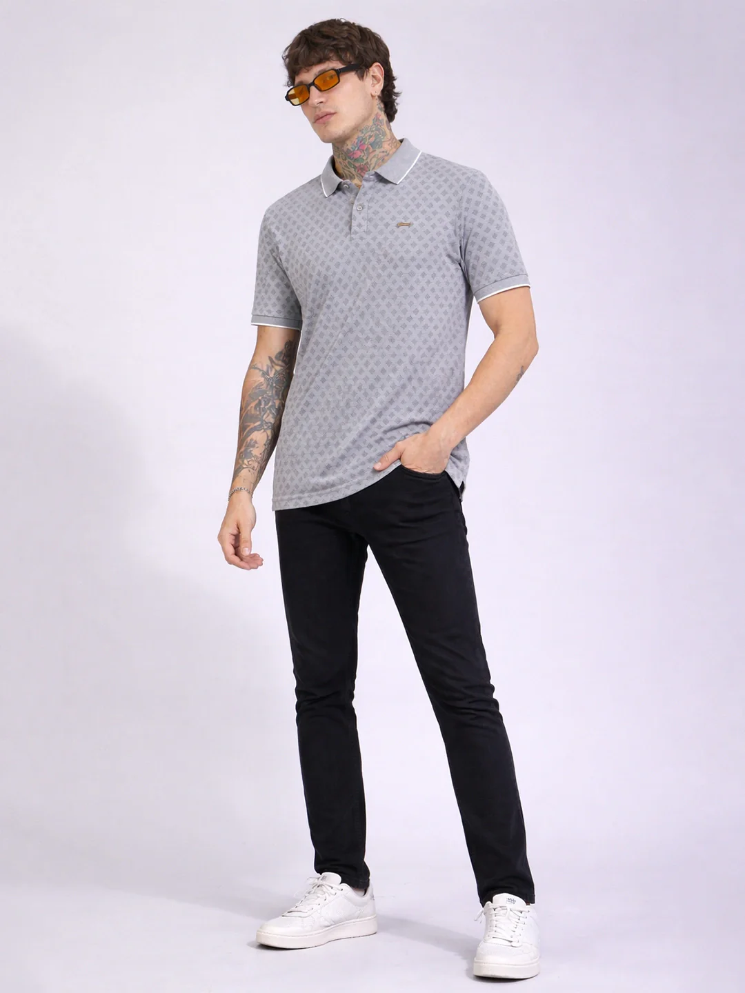 Grey Printed Premium Polo T-Shirt - Image 4
