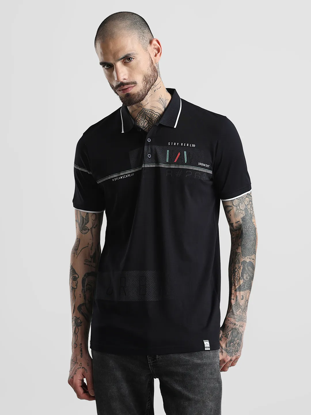 Black Printed Polo T-Shirt - Image 3