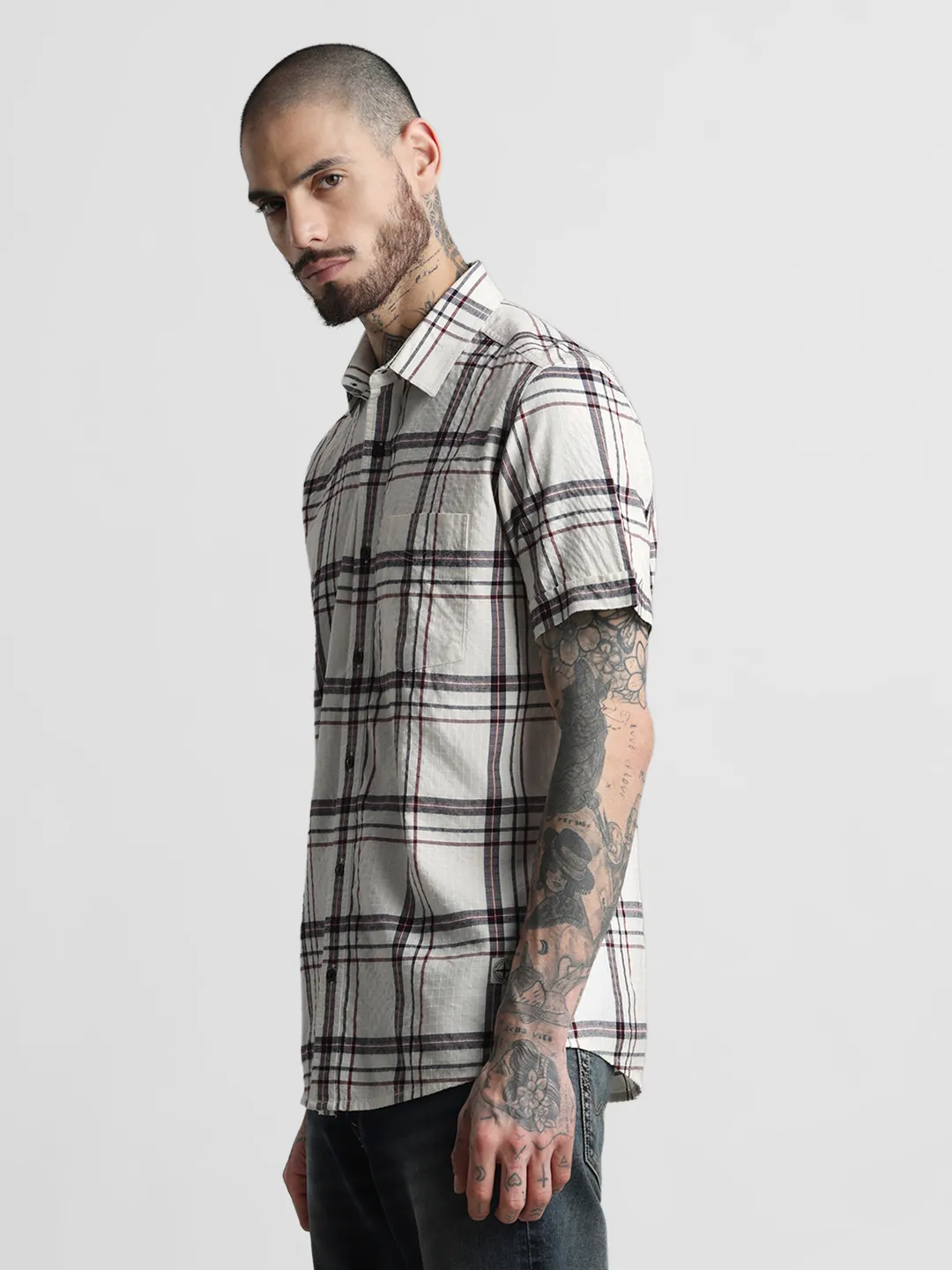 White Textured Checkered Shirt - Image 4