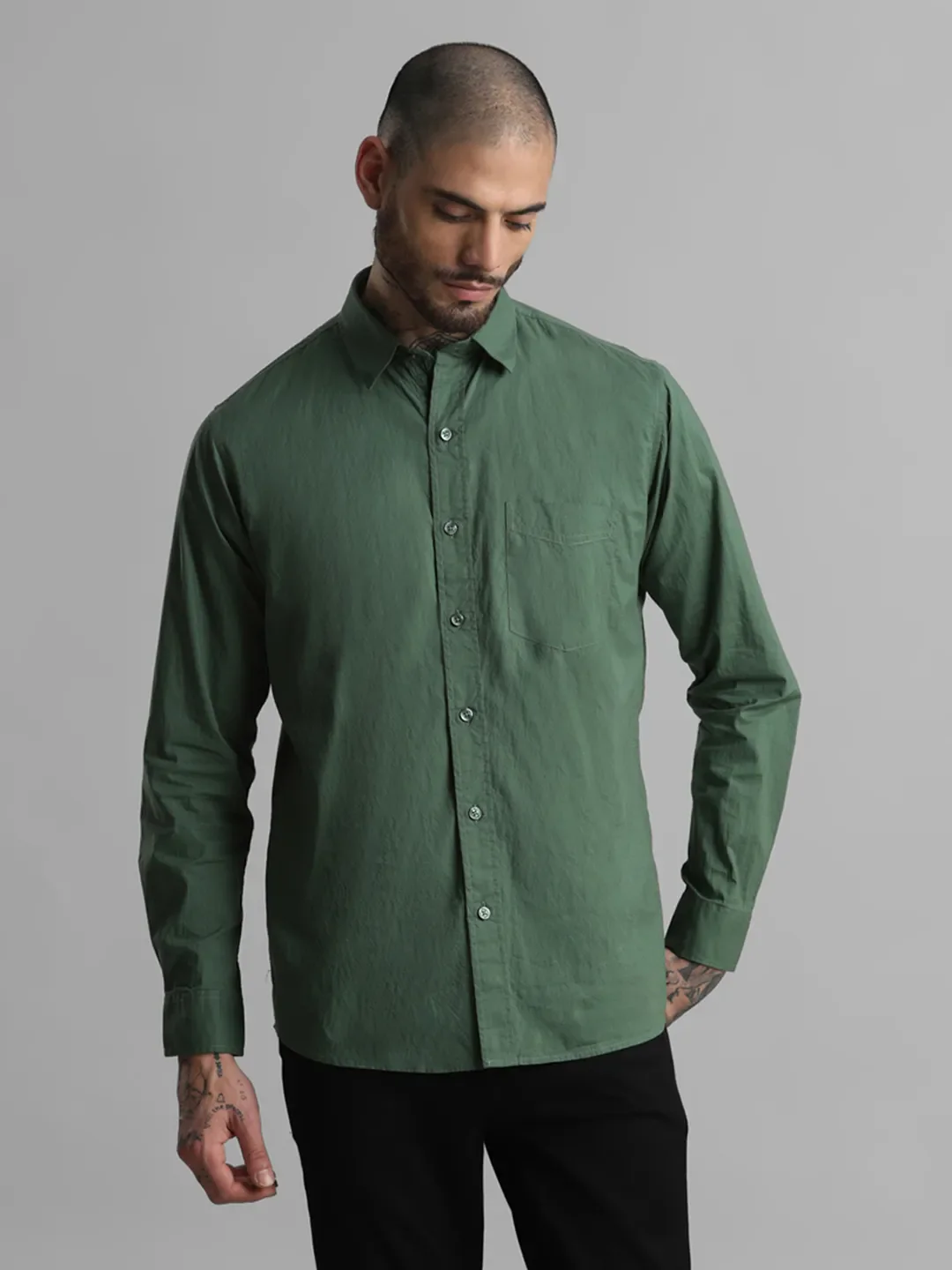 Green Solid Cotton Shirt - Image 3