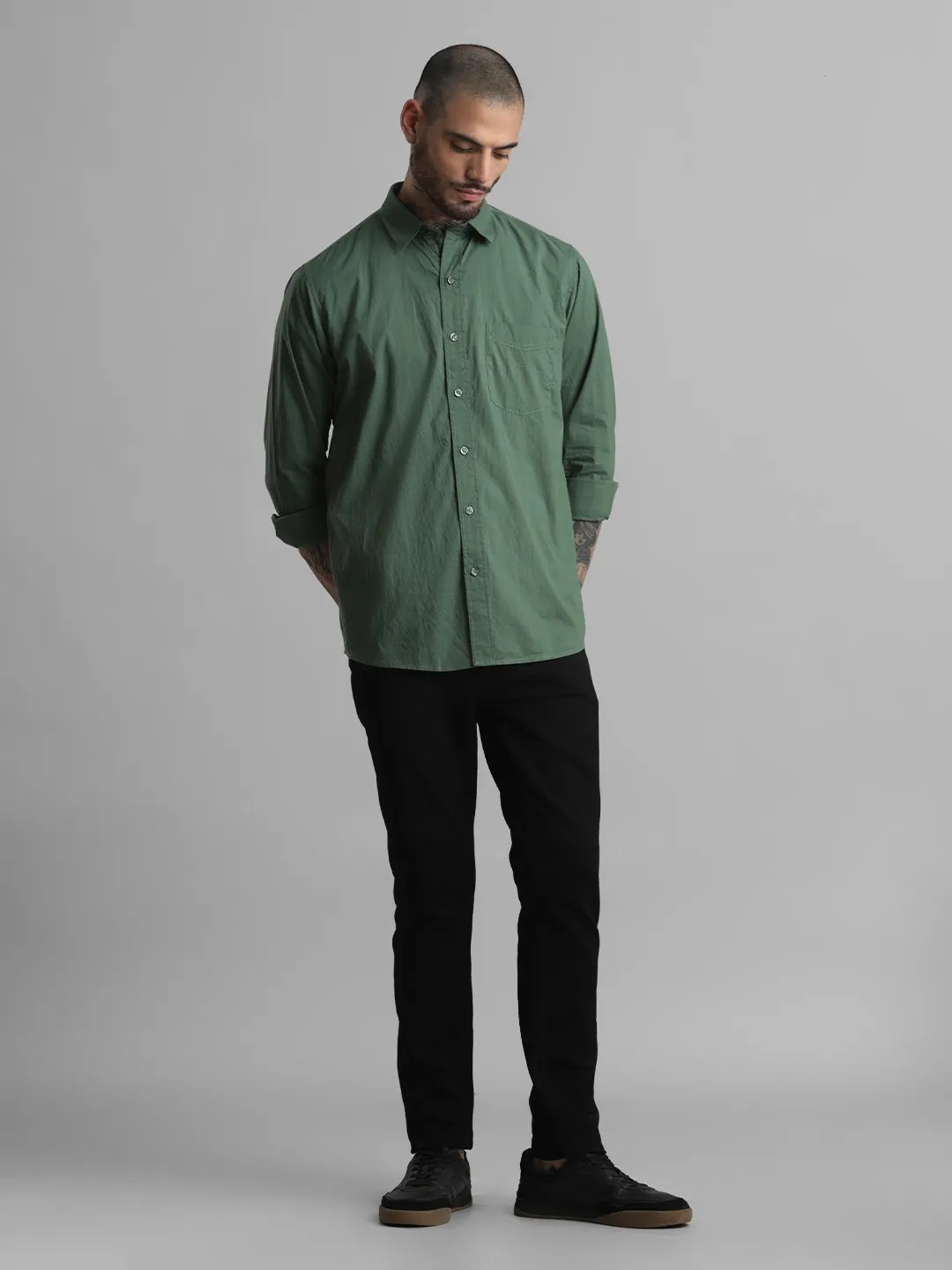 Green Solid Cotton Shirt - Image 6