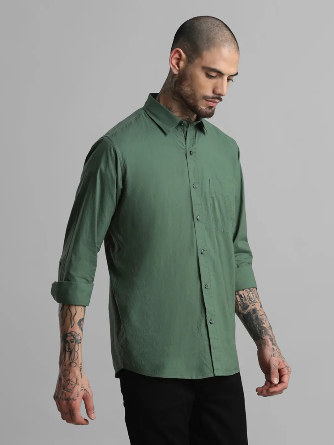 Green Solid Cotton Shirt - Image 7