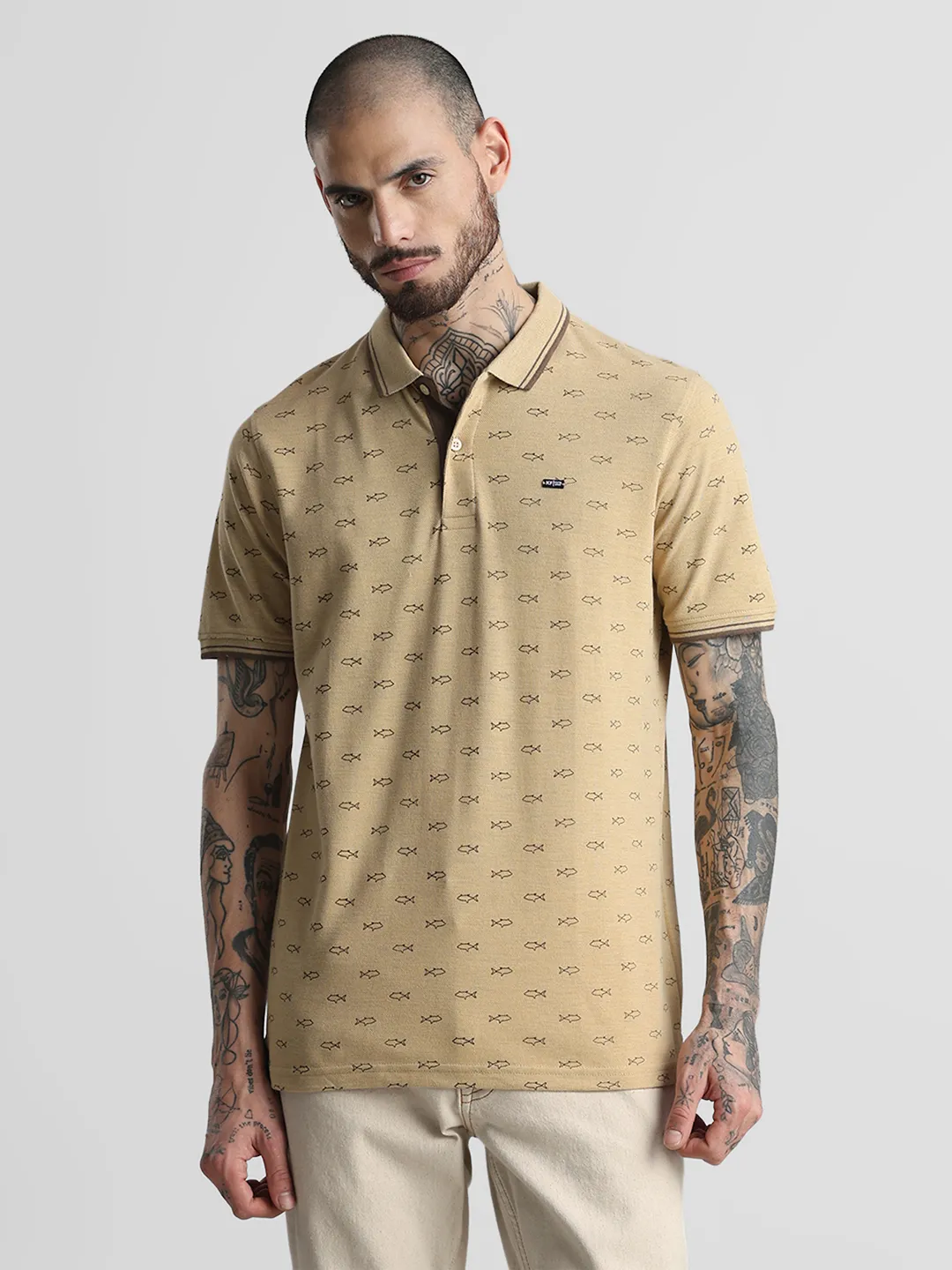 Khaki Melange Printed Polo T-Shirt - Image 3