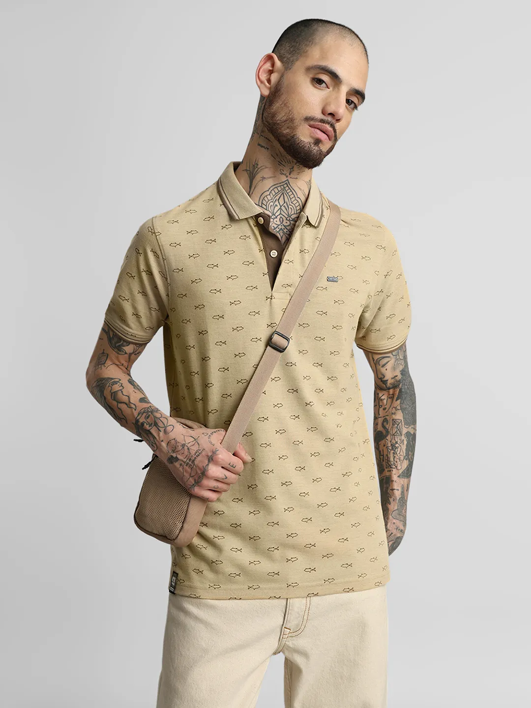 Khaki Melange Printed Polo T-Shirt - Image 8