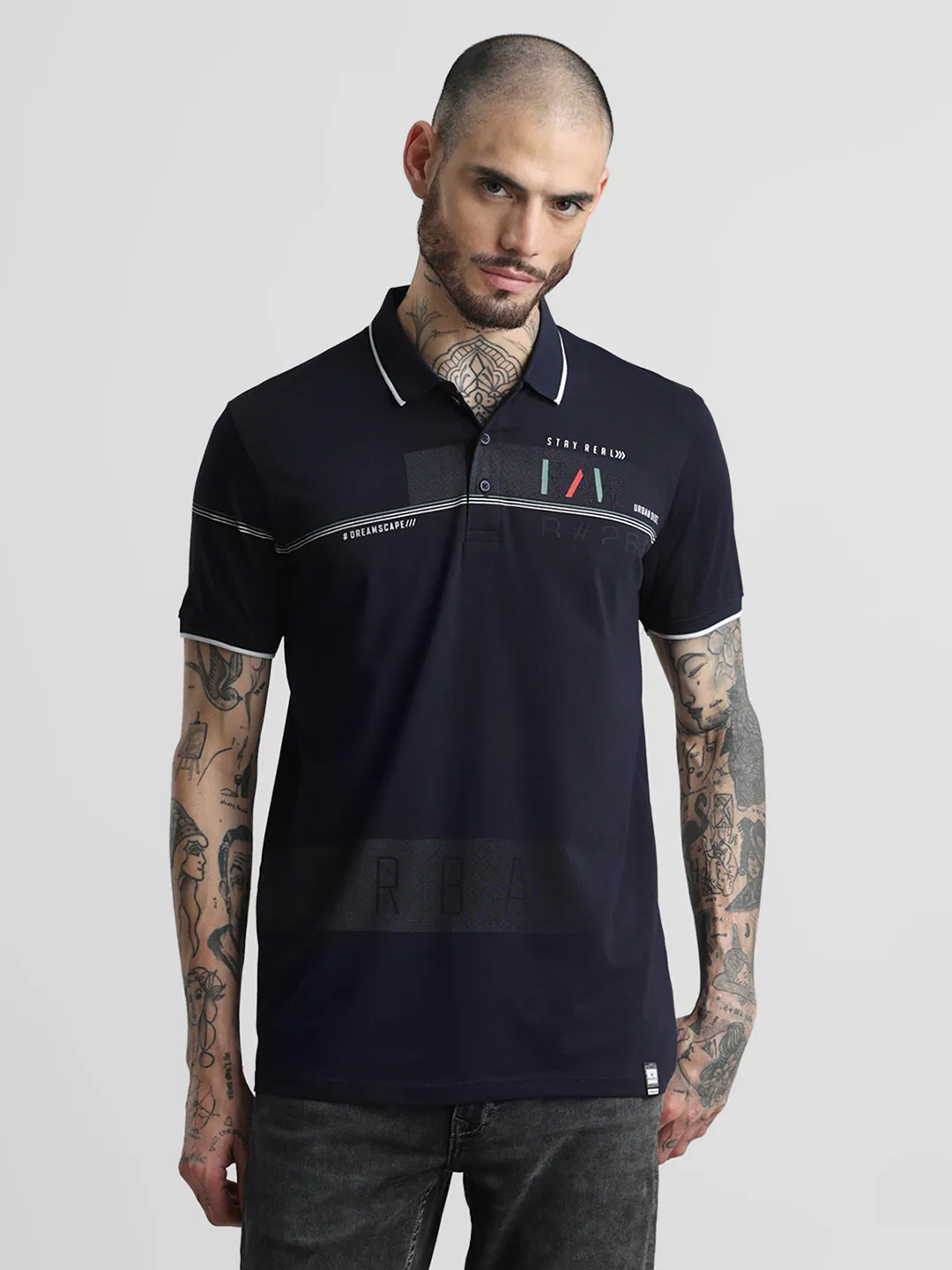 Navy Printed Polo T-Shirt - Image 3