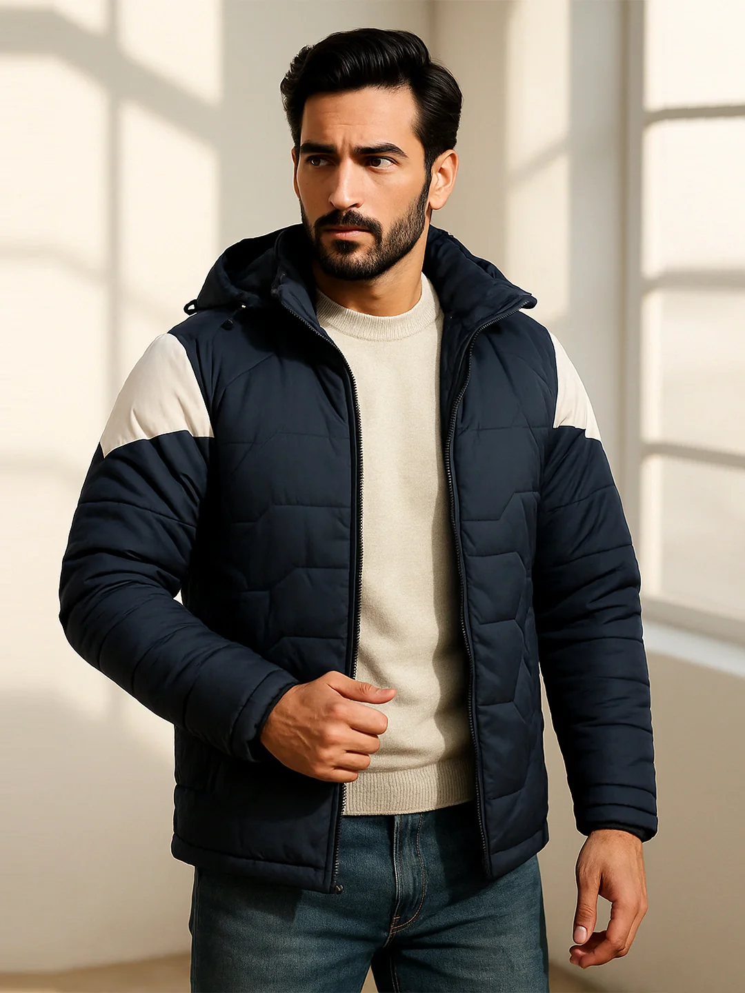 Navy Solid Hooded Jacket - Image 2