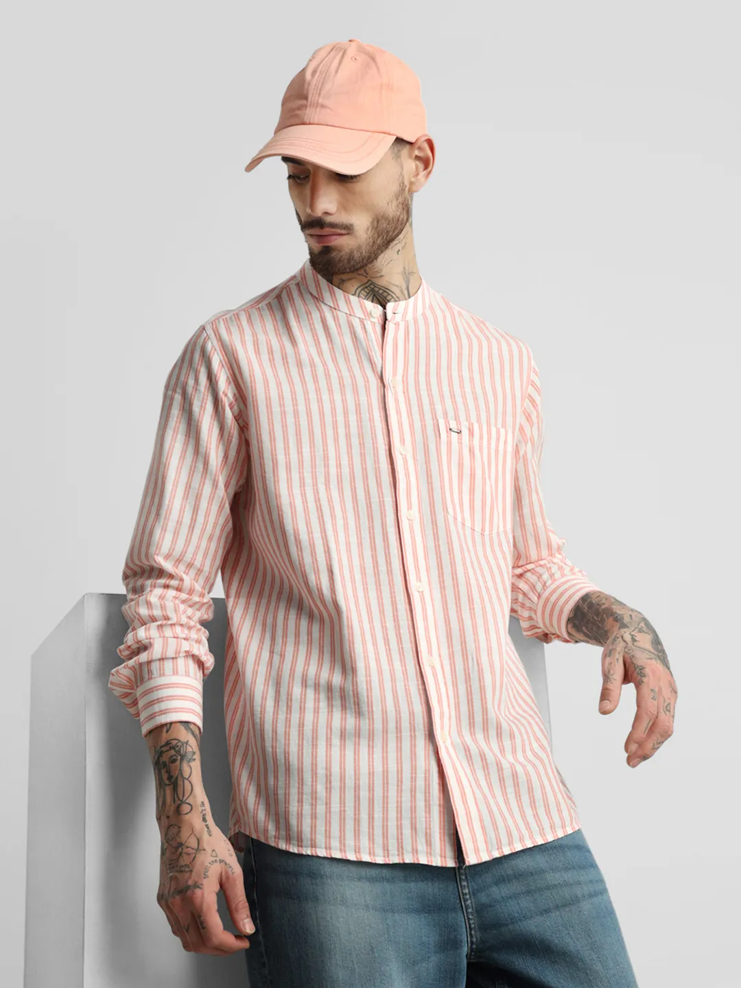 Orange Striped Mandarin Collar Shirt - Image 2