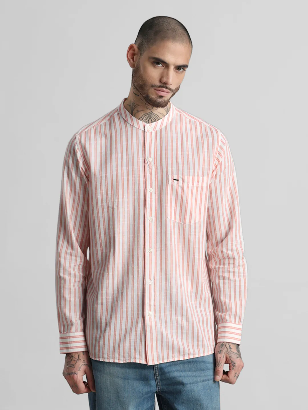 Orange Striped Mandarin Collar Shirt - Image 3