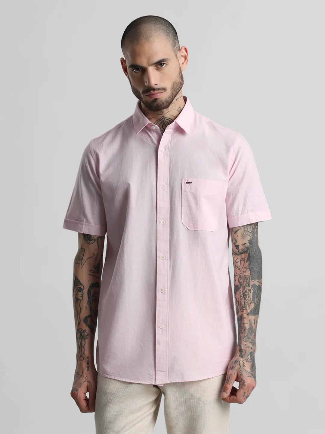 Pink Textured Solid Shirt - Image 3