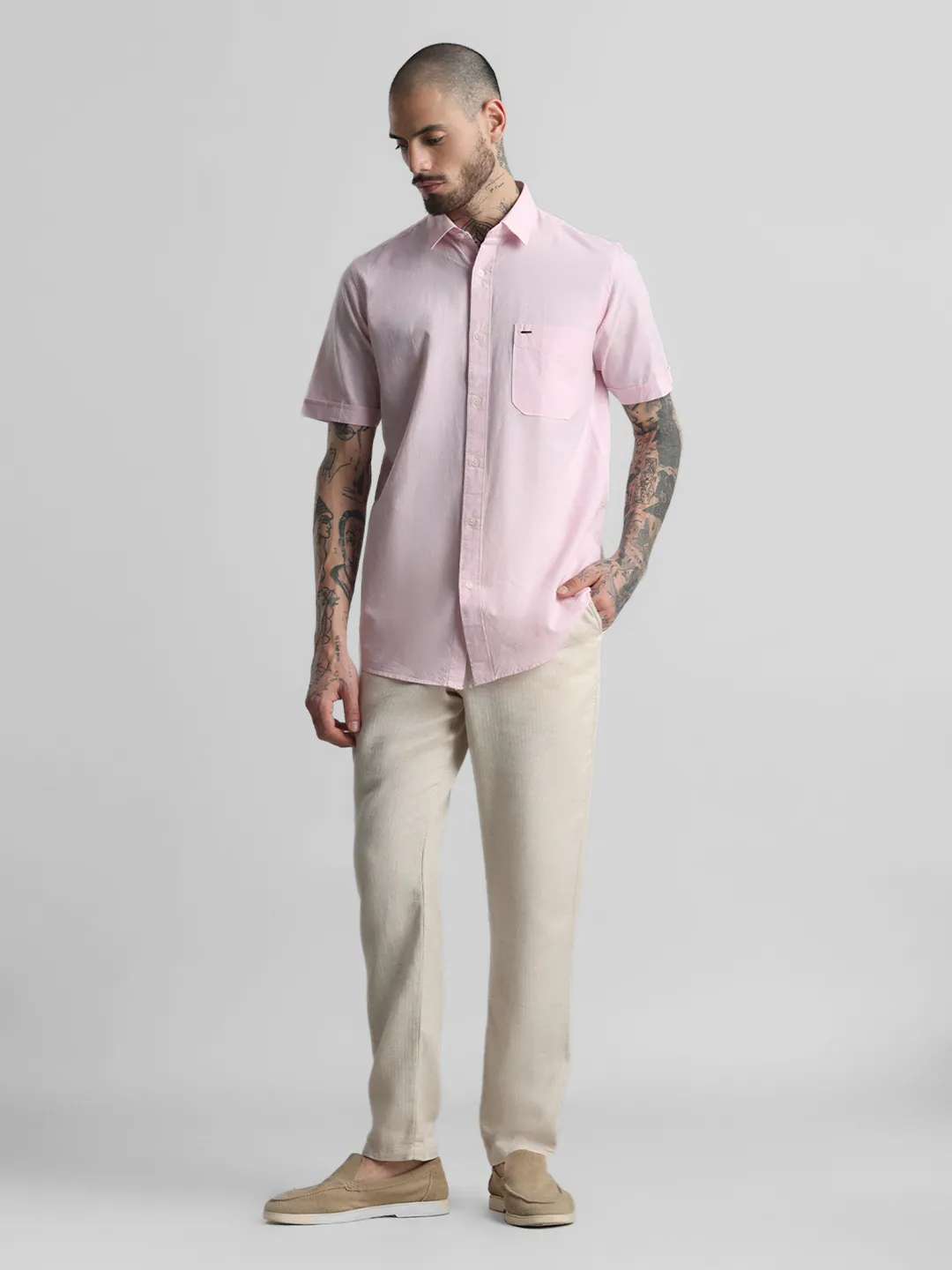 Pink Textured Solid Shirt - Image 6