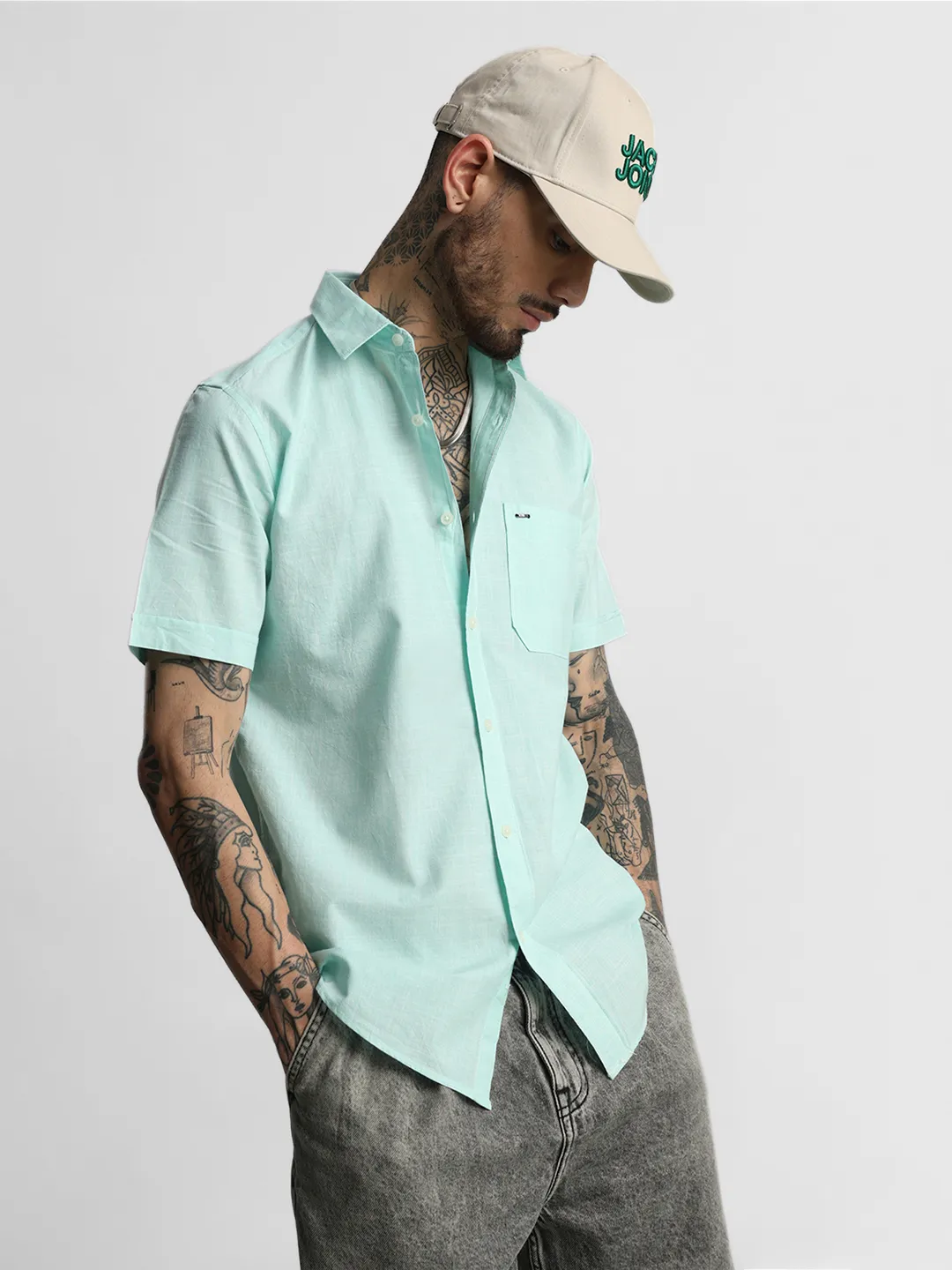 Turquoise Textured Plain Shirt - Image 3