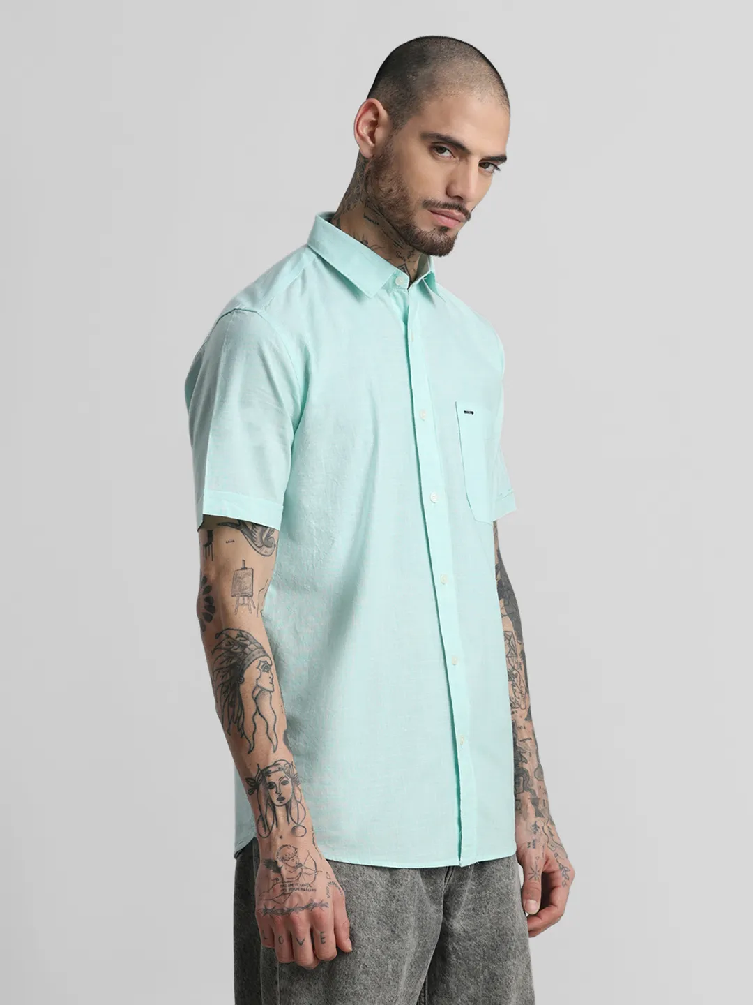 Turquoise Textured Plain Shirt - Image 4