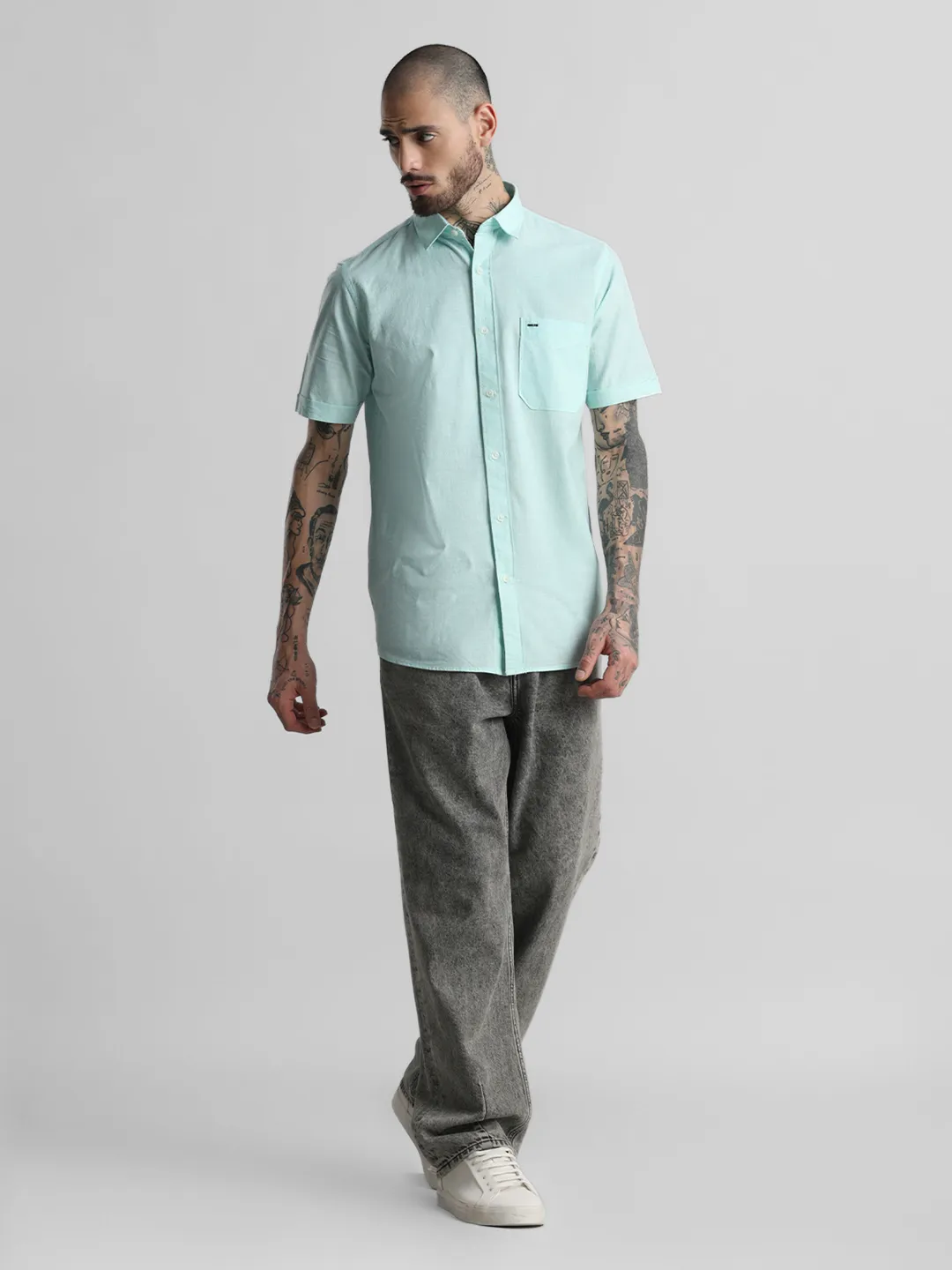 Turquoise Textured Plain Shirt - Image 5