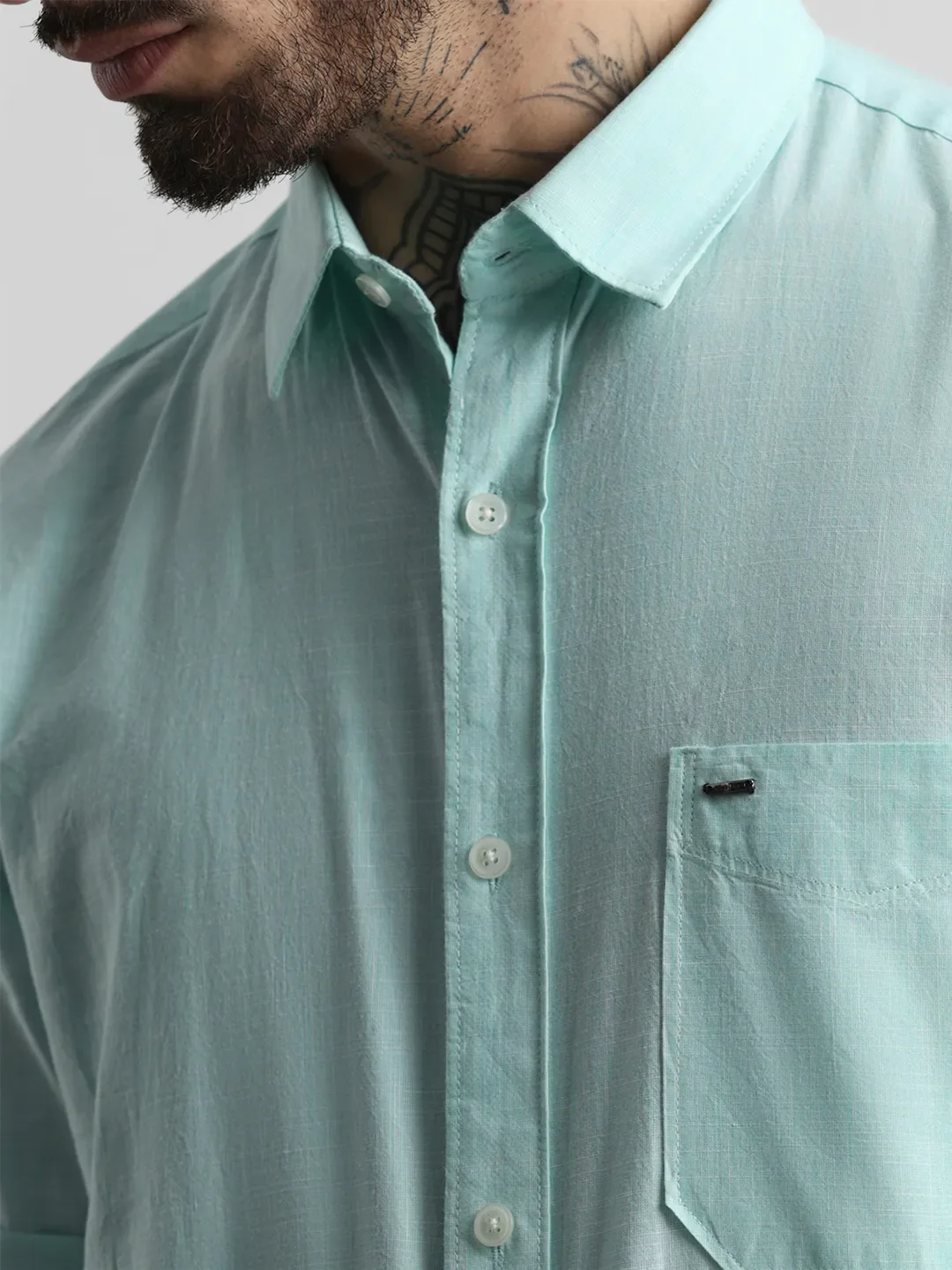 Turquoise Textured Plain Shirt - Image 6