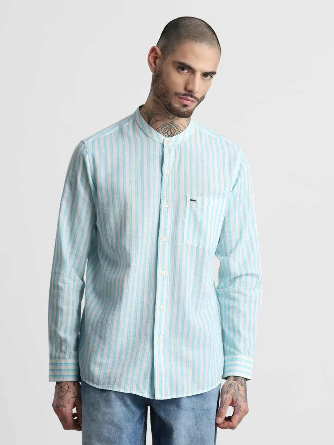 Turquoise Striped Mandarin Collar Shirt - Image 2