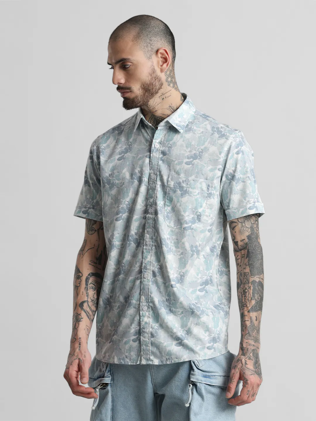 Teal Blue Printed Shirt - Image 4