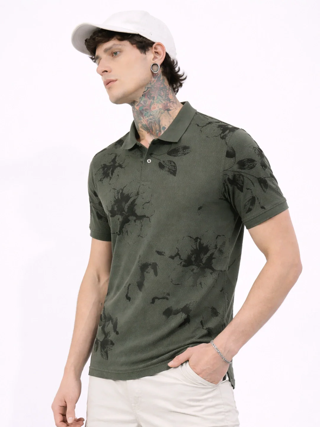Dusty Green Printed Polo T-Shirt - Image 3