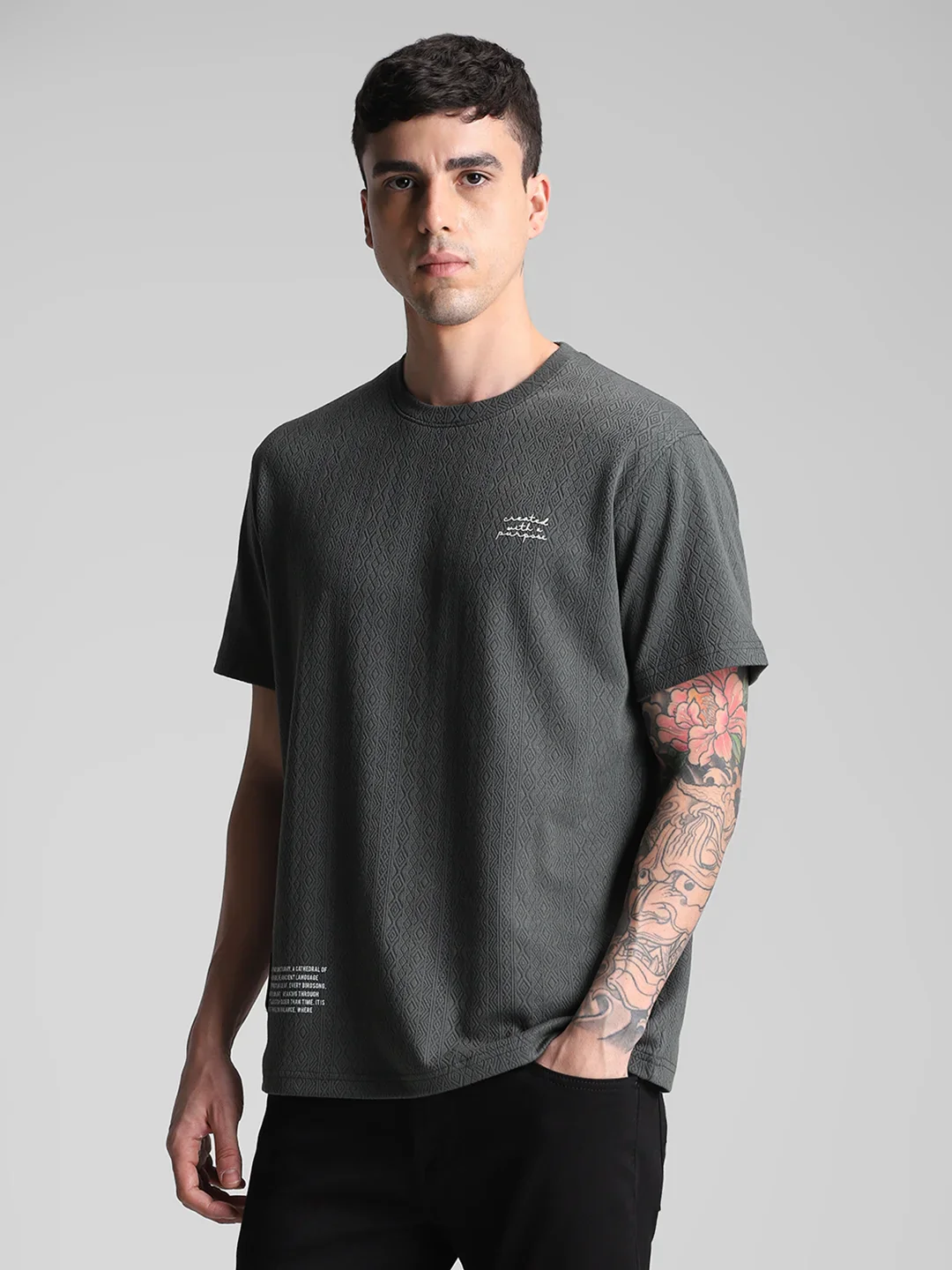 Dusty Green Textured Crew Neck T-Shirt - Image 5