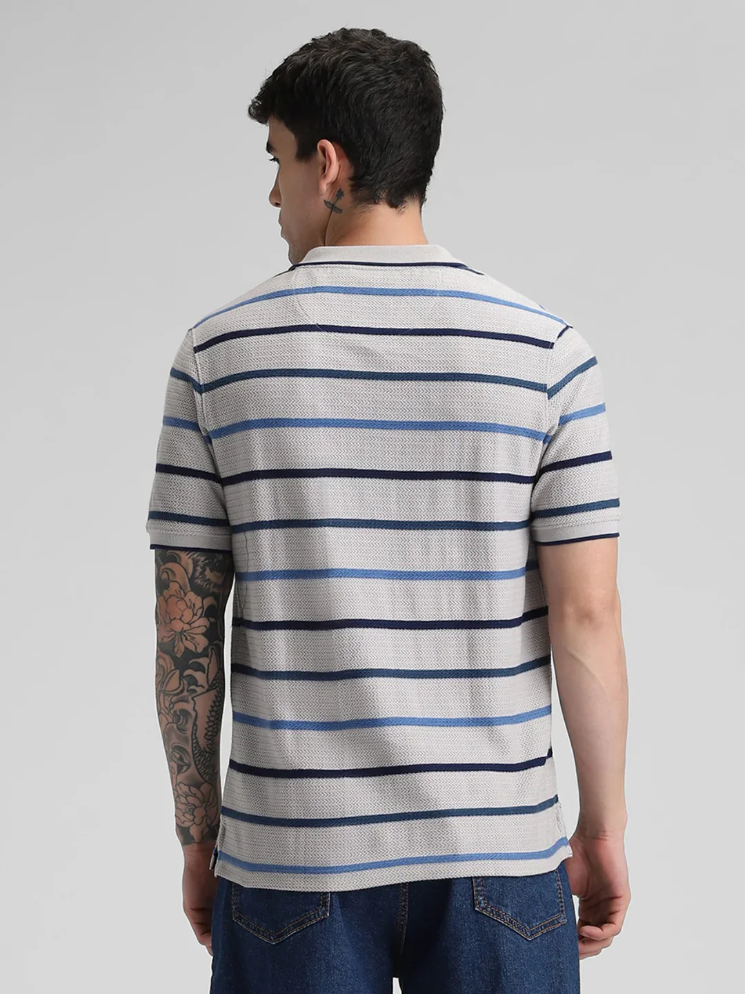 Grey Navy Striped Premium Polo T-Shirt - Image 3