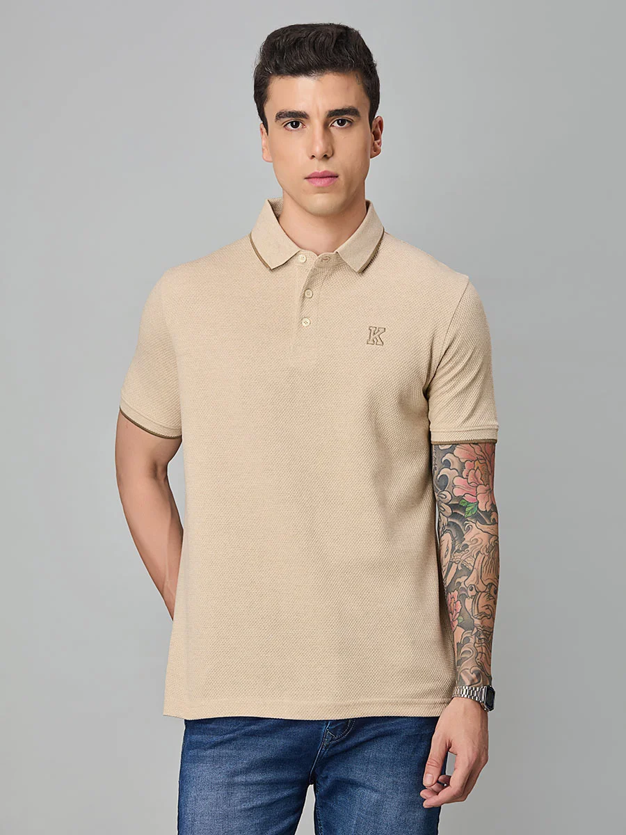 Beige Melange Polo T-Shirt - Image 2