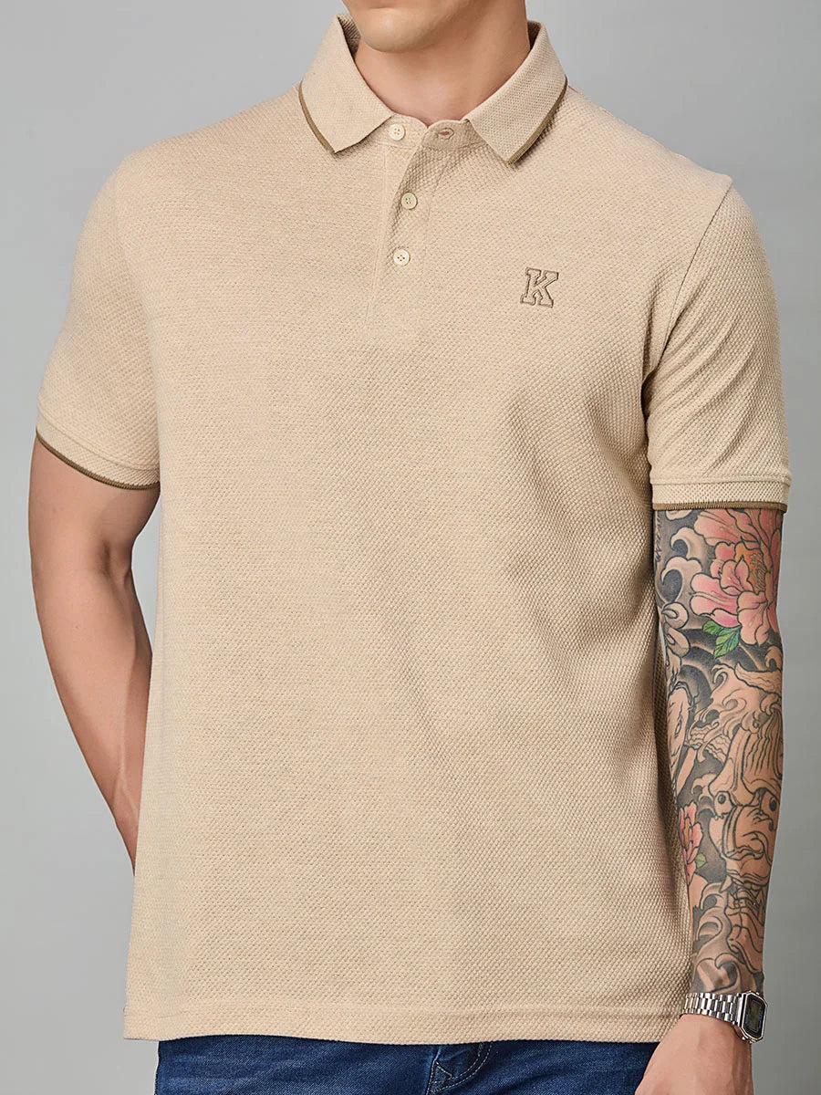 Beige Melange Polo T-Shirt - Image 8