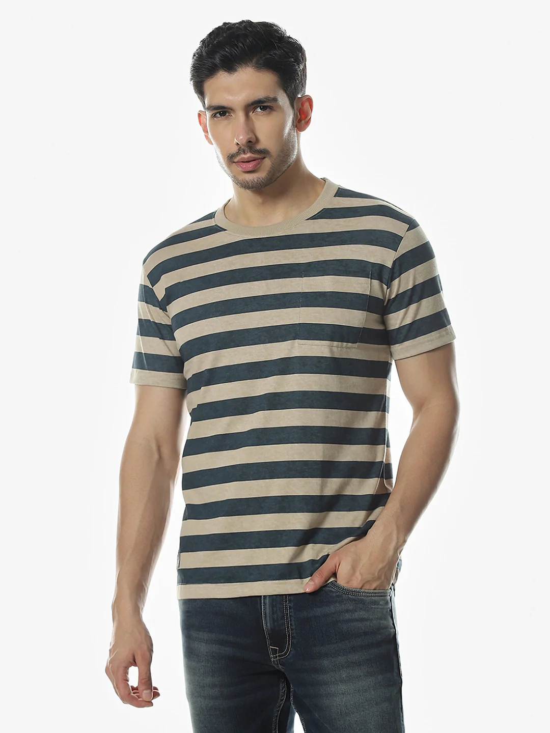 Beige Striped Round T-Shirt - Image 2