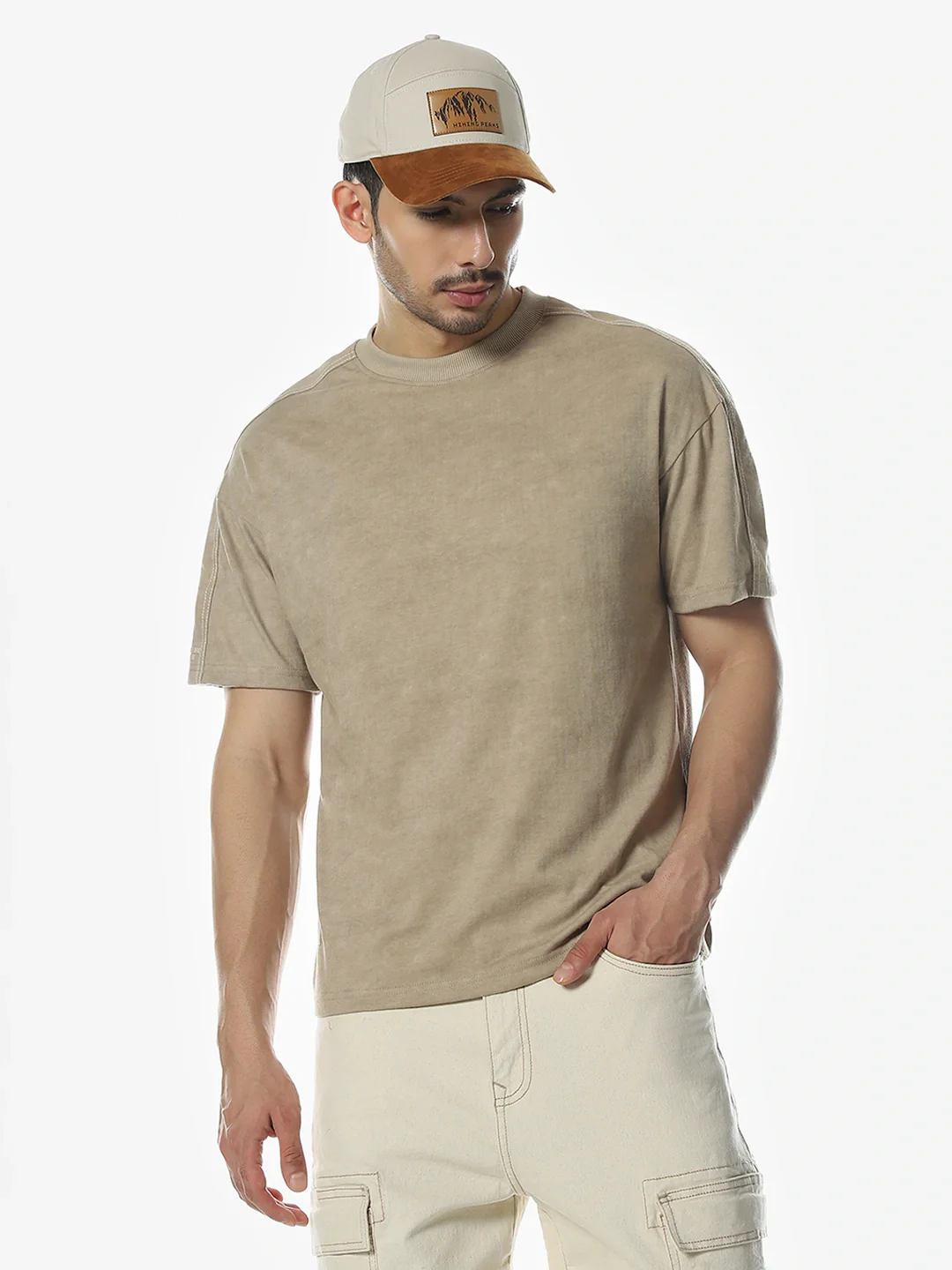 Beige Solid Round T-Shirt