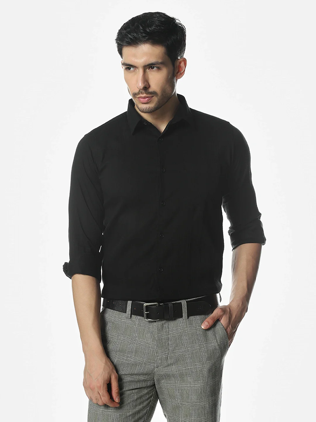 Black Solid Spread Collar Shirt - Image 3