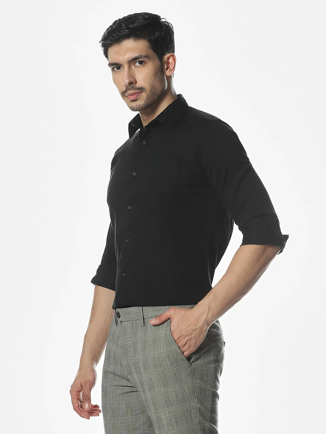 Black Solid Spread Collar Shirt - Image 4
