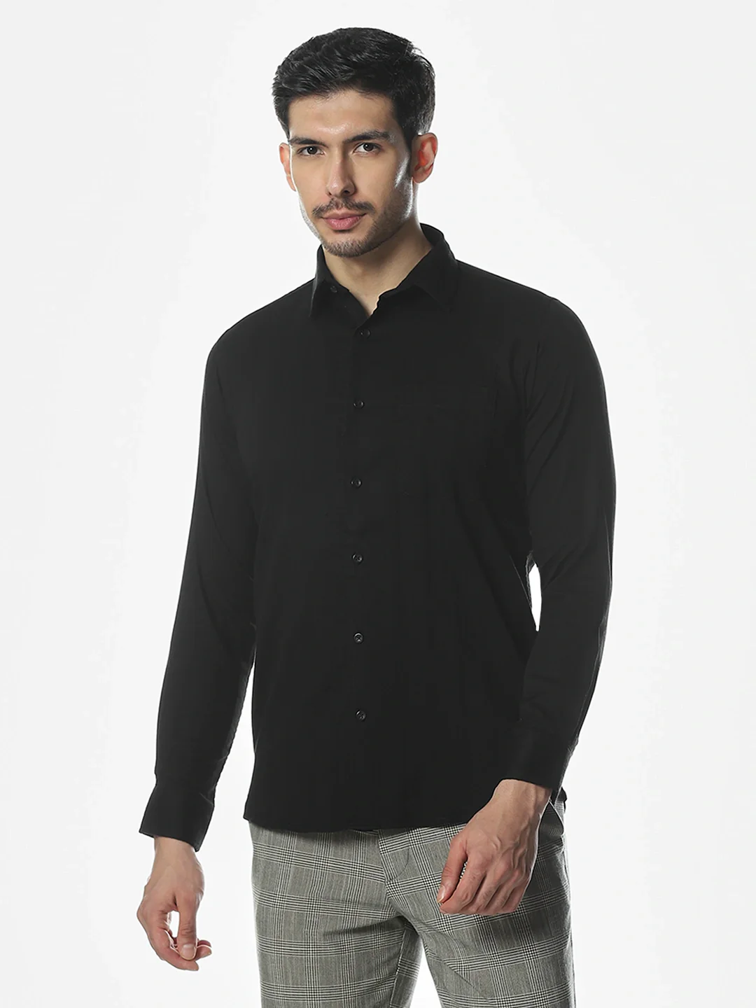 Black Solid Spread Collar Shirt - Image 8