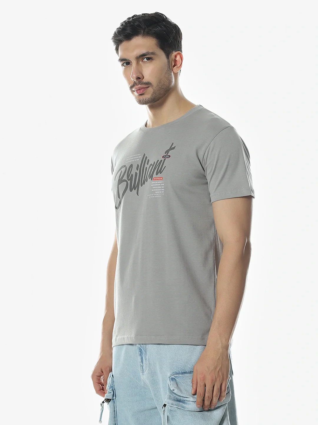 Grey Printed Crew T-Shirt - Image 4