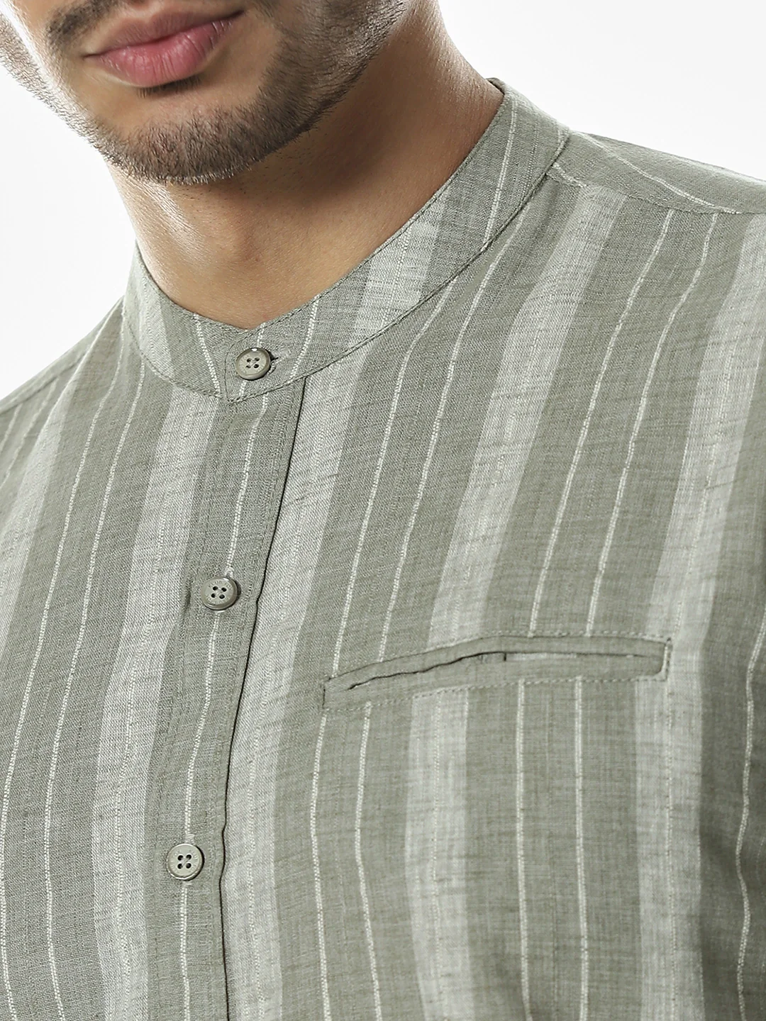 Light Olive Striped Mandarin Collar Shirt - Image 5