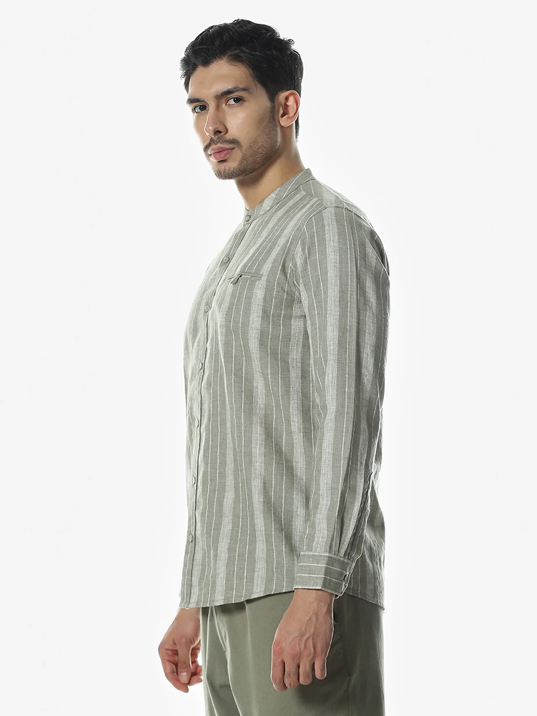 Light Olive Striped Mandarin Collar Shirt - Image 8