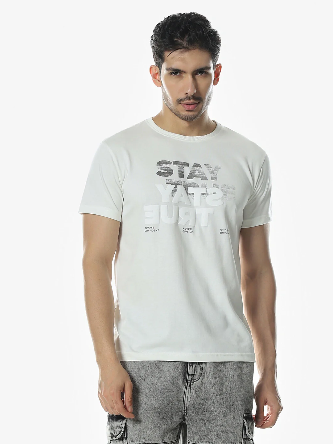 Off White Printed Round T-Shirt - Image 4