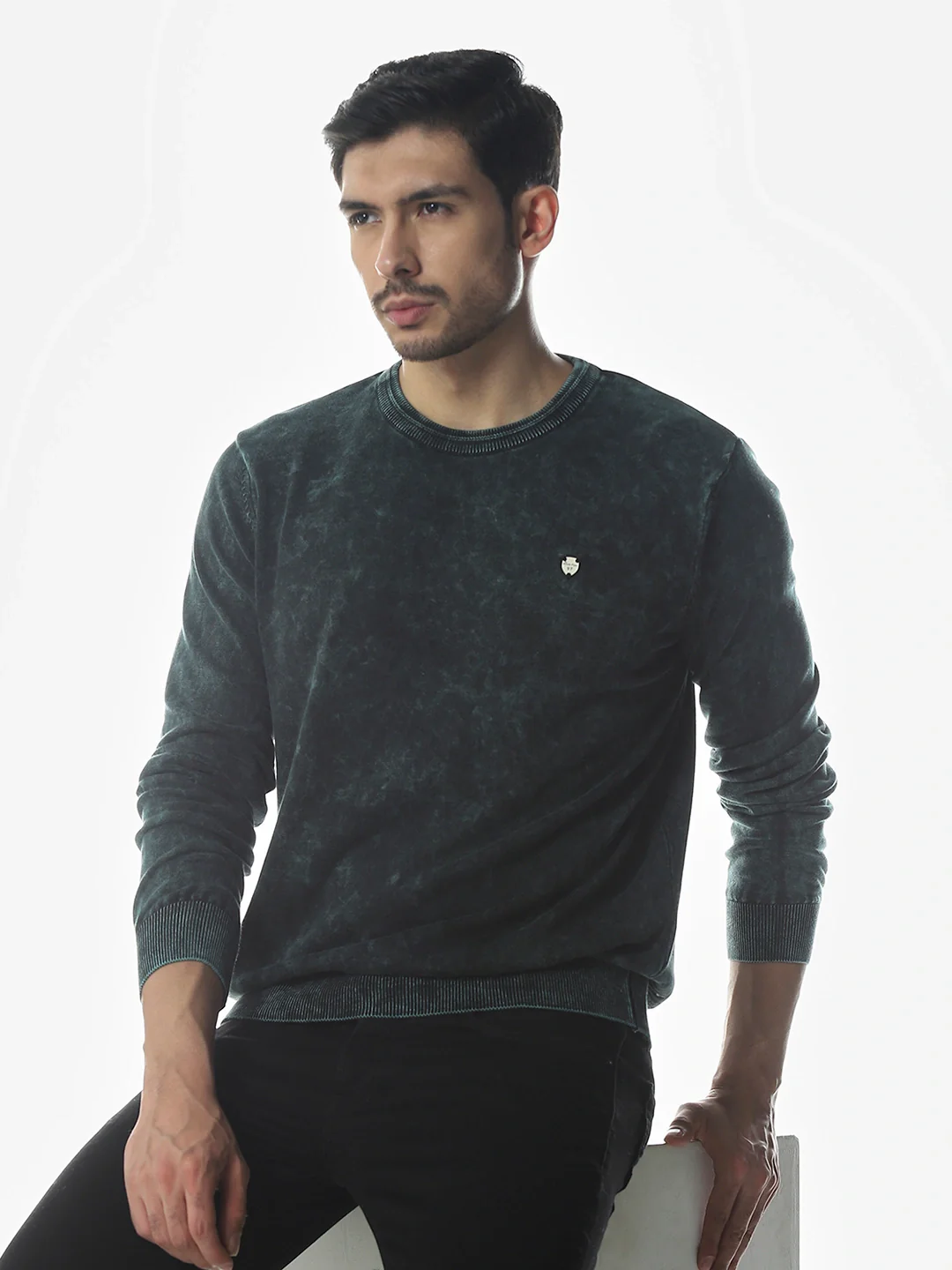Acid Wash Olive Solid Sweater - Image 3