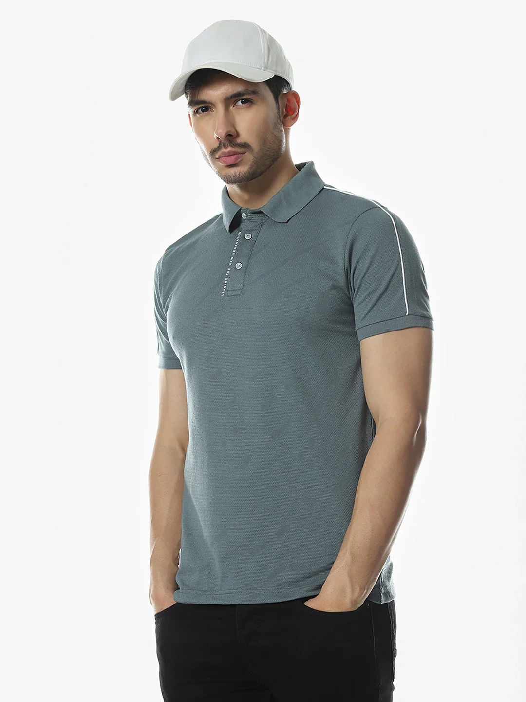 Teal Blue Textured Polo T-Shirt - Image 3