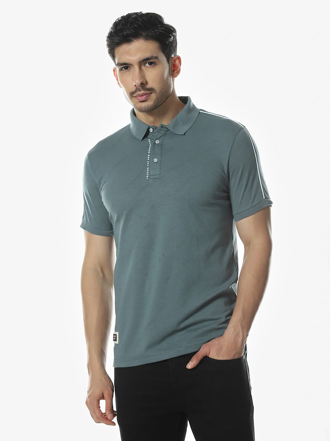 Teal Blue Textured Polo T-Shirt - Image 4