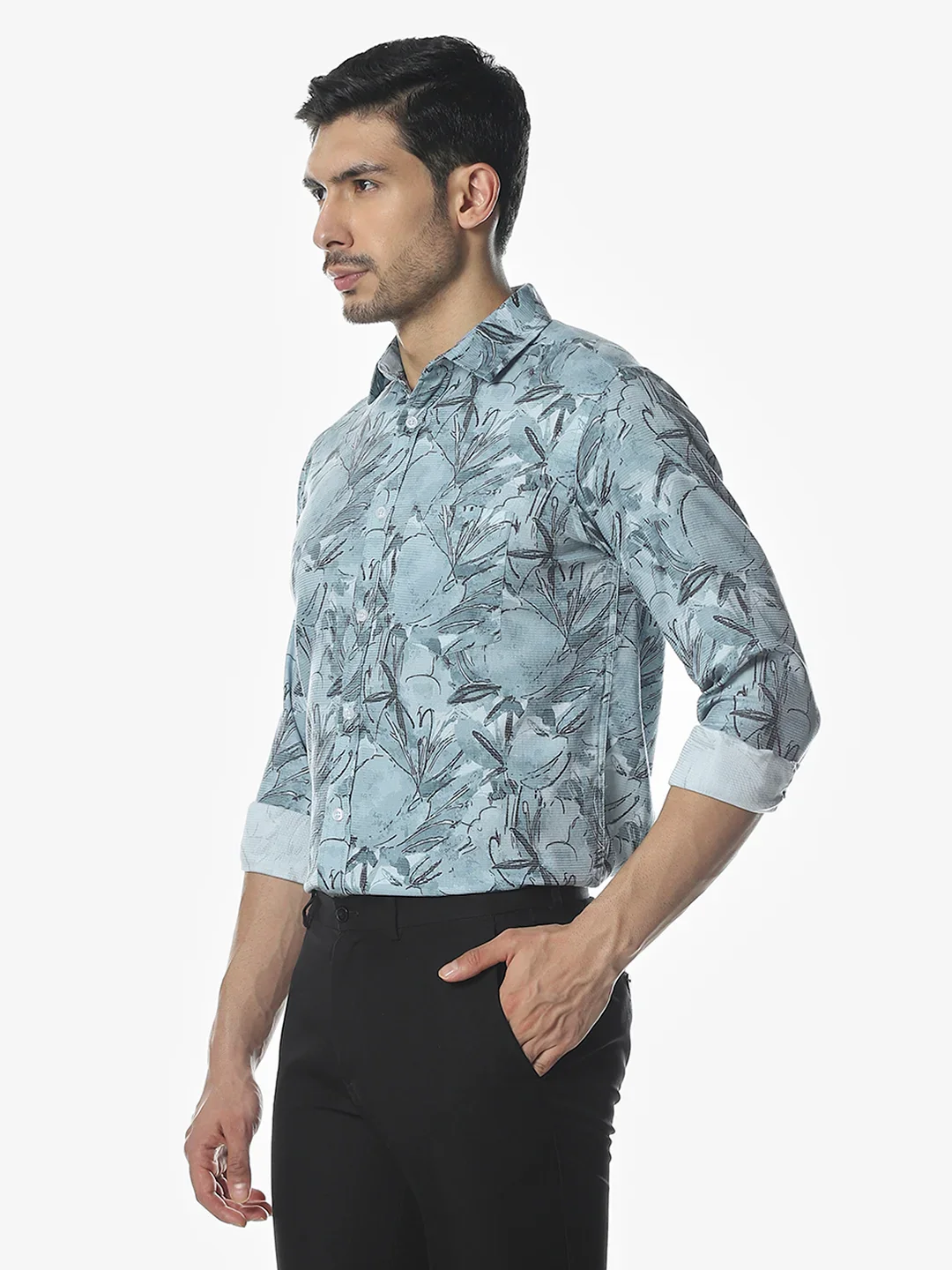 Teal Blue Printed Shirt - Image 4