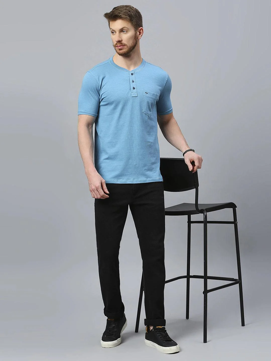 Premium Electric Blue Henley T-Shirt - Image 8