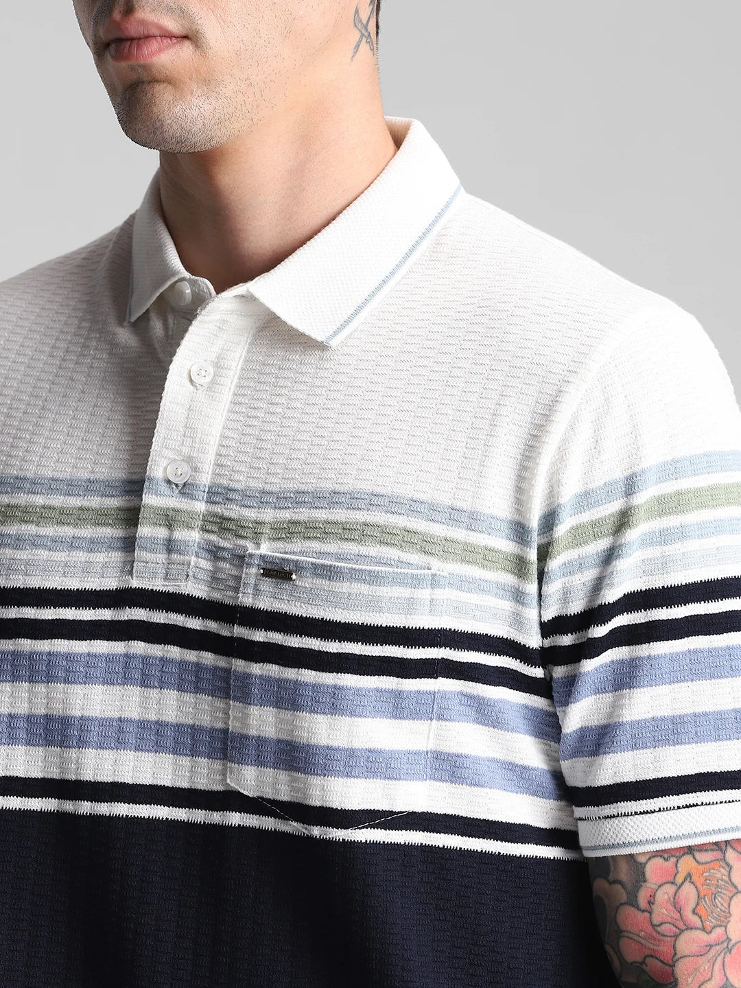 Off White Navy Striped Polo T-Shirt - Image 3
