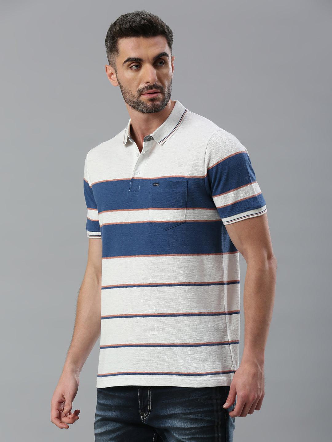 White Navy Striped Polo T-Shirt - Image 7