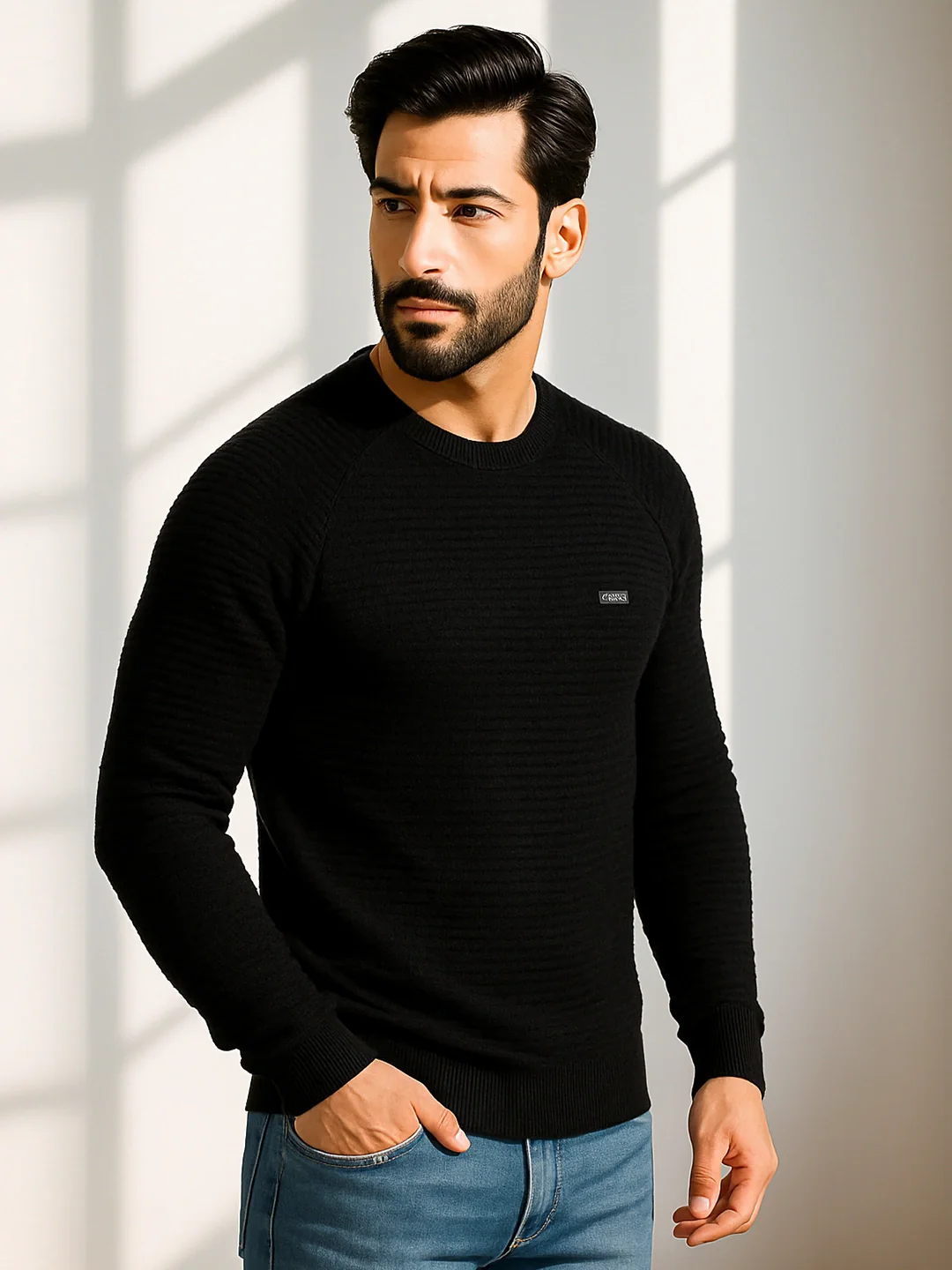 Navy Black Cotton Solid Sweater