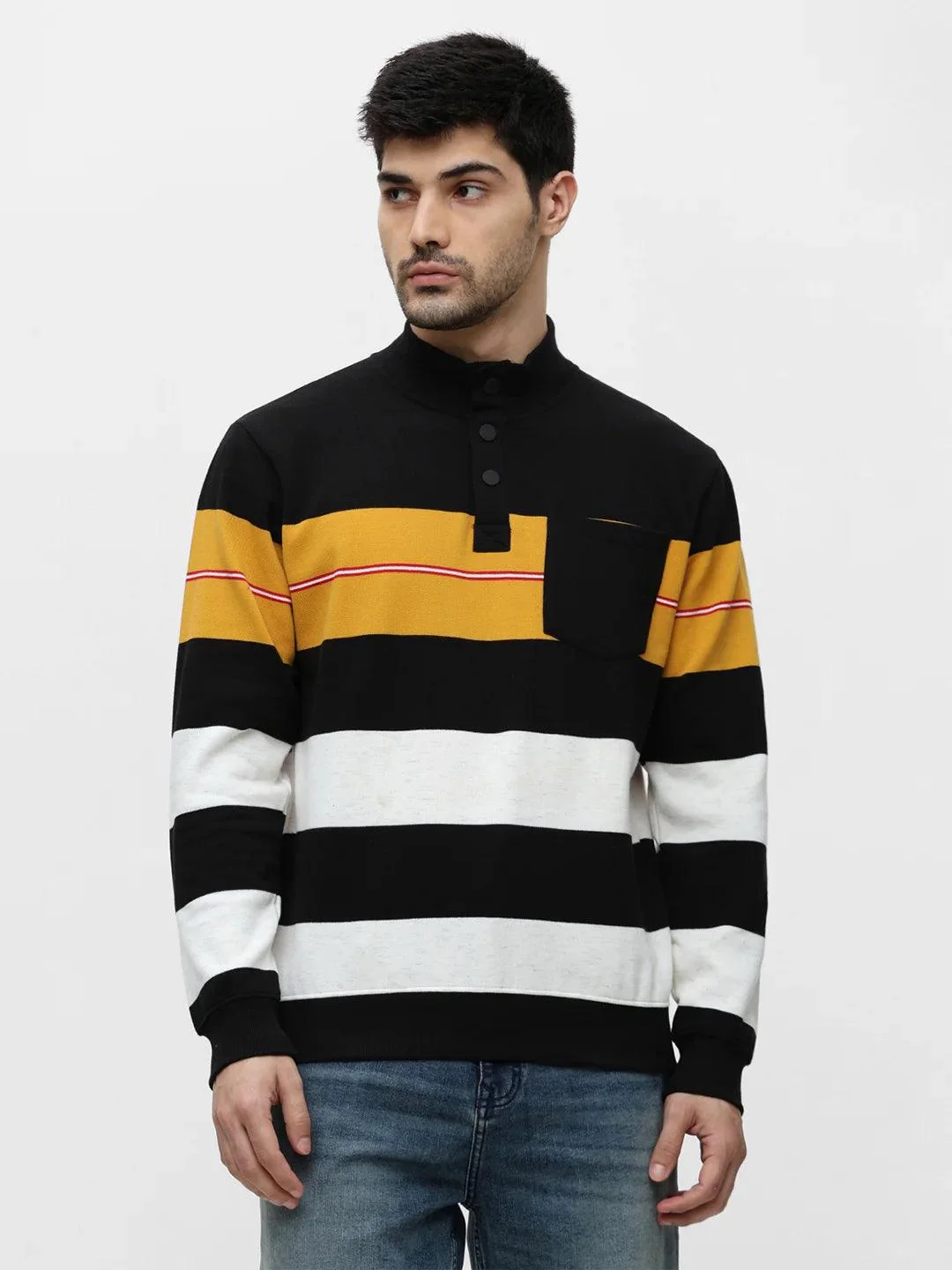 Mustard High Neck Striped Sweatshirt - Image 2