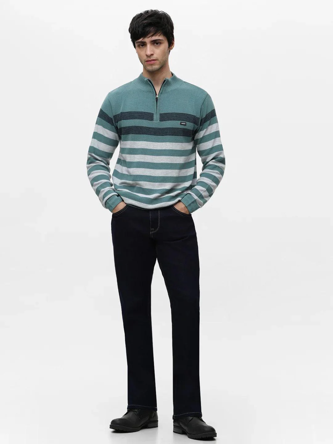 Stripe Code Zipper Persian Green Sweater - Image 6